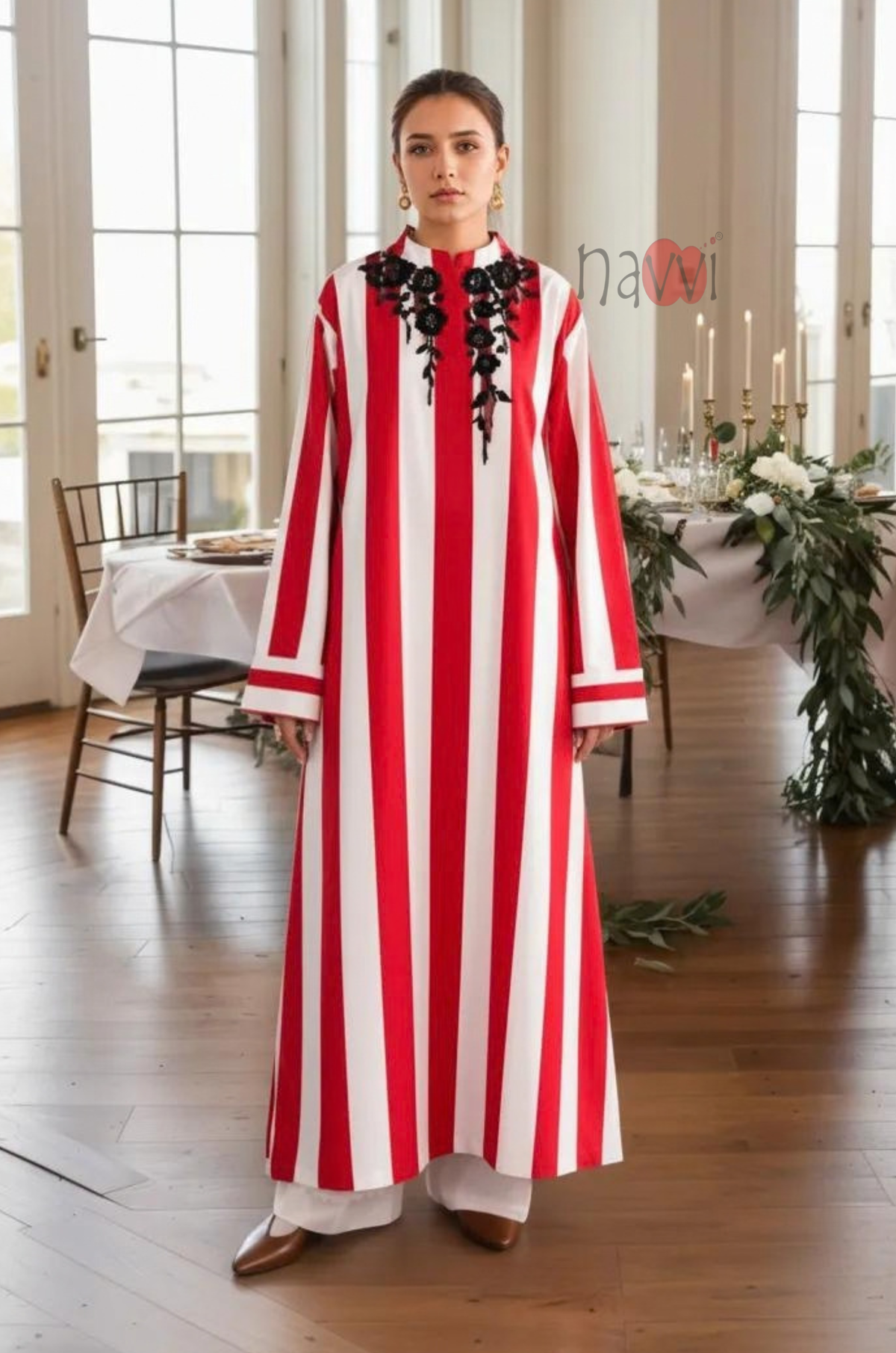 Red & White Striped Long Kurta
