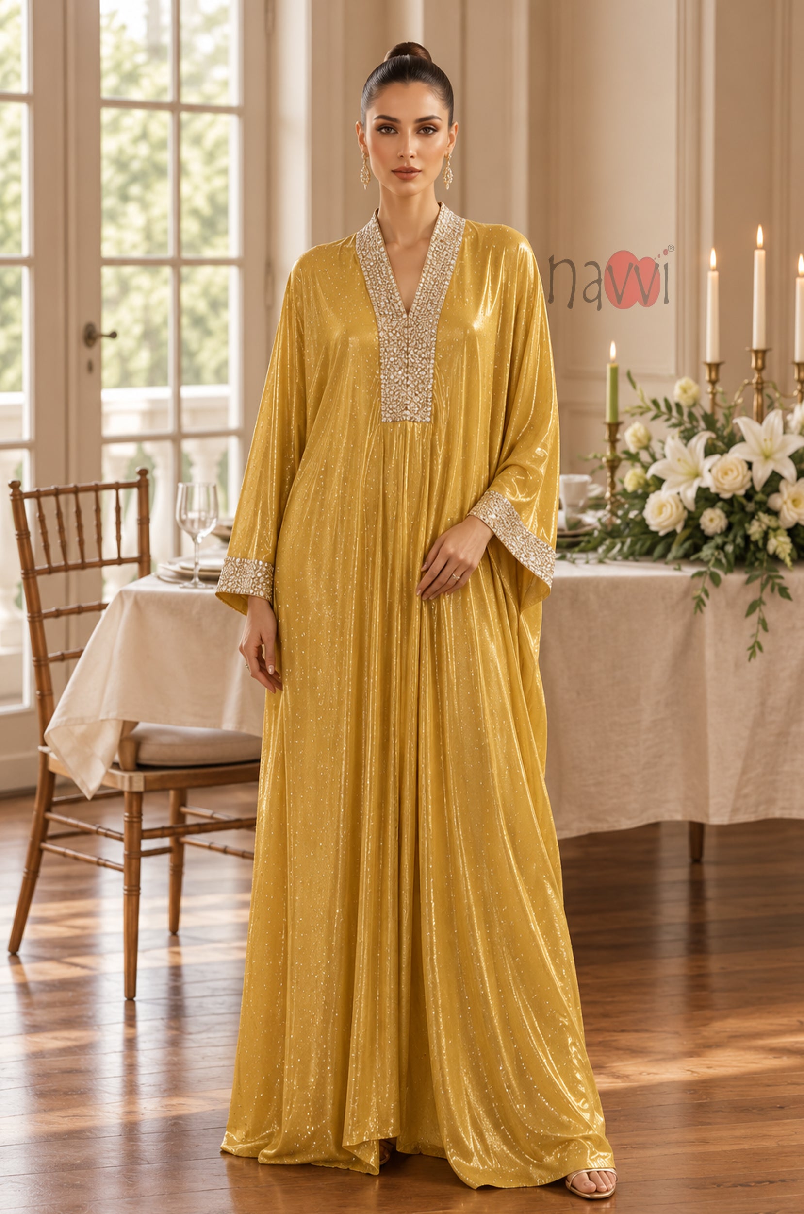 Golden Radiance Embellished Kaftan Dress