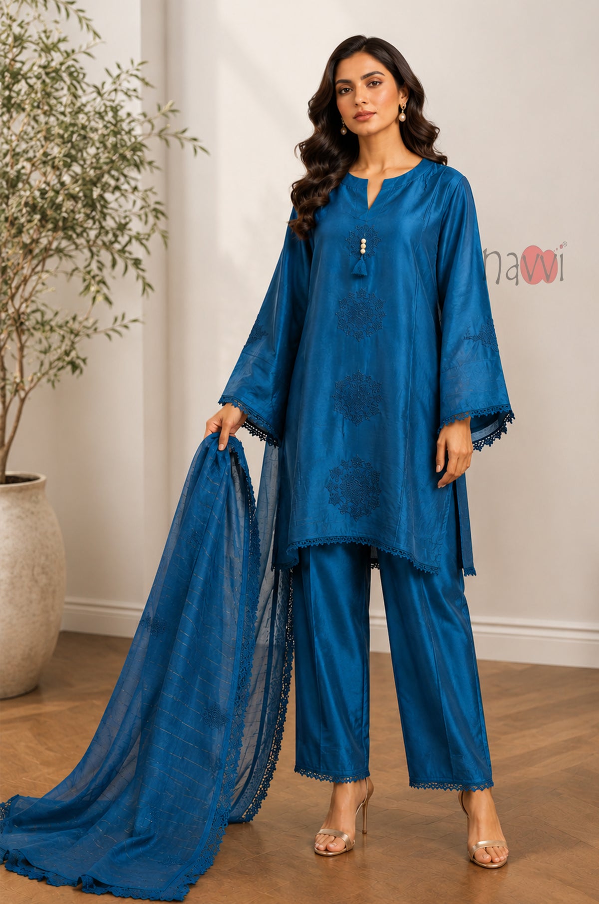 Azure Grace Embroidered Suit Set - Navvi.in