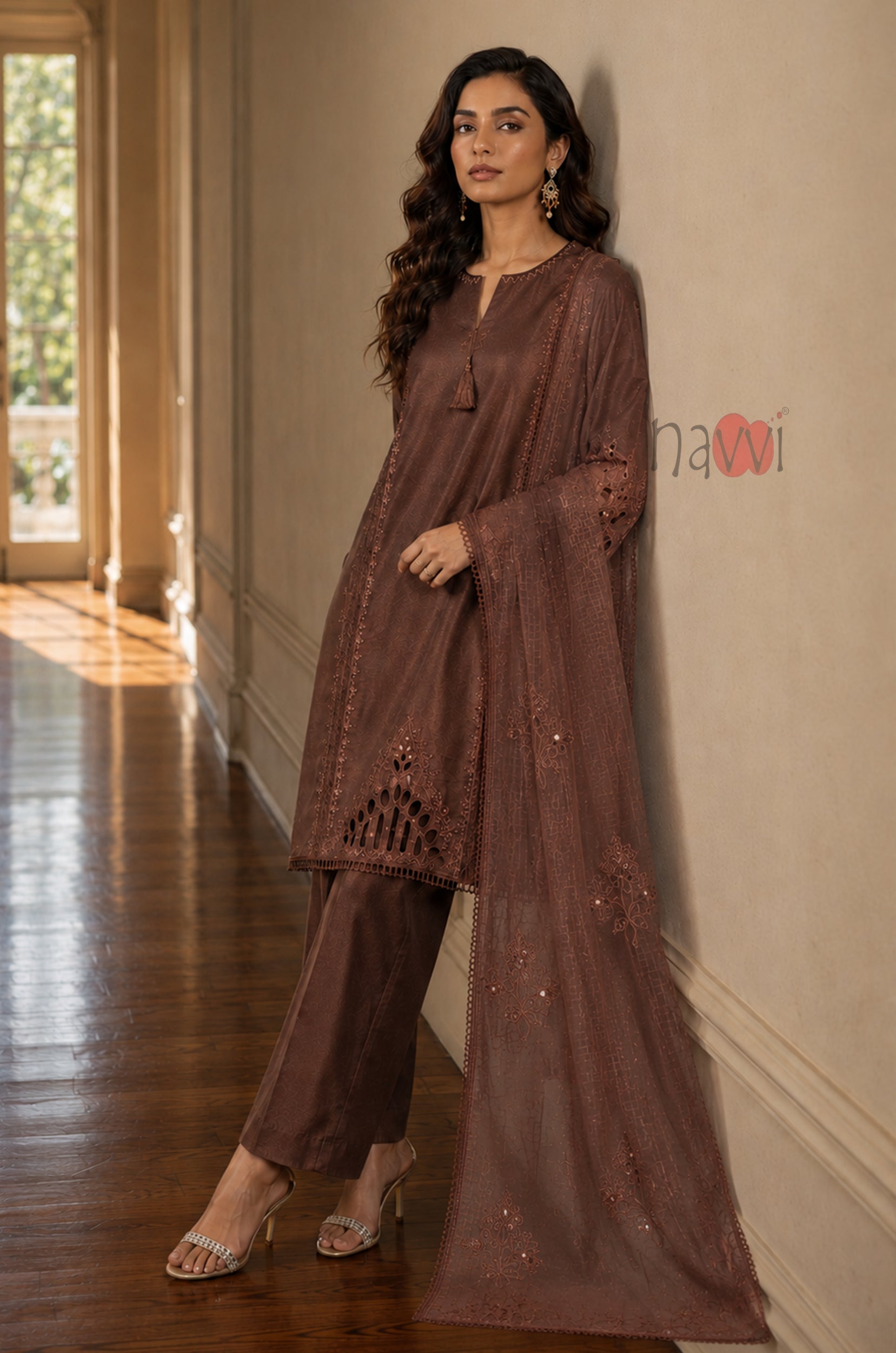 Brown Elegance Embroidered Suit Set