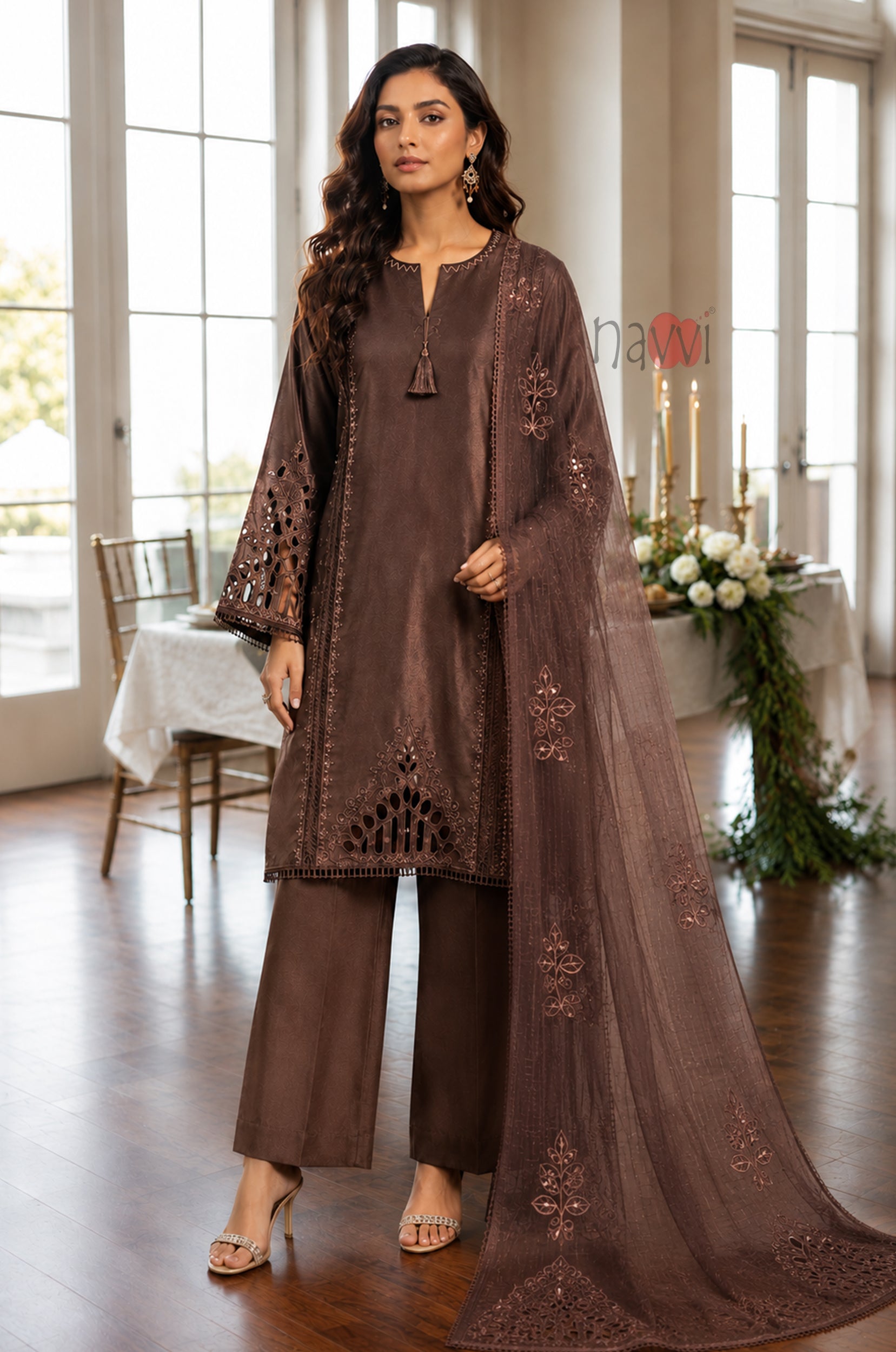Brown Elegance Embroidered Suit Set