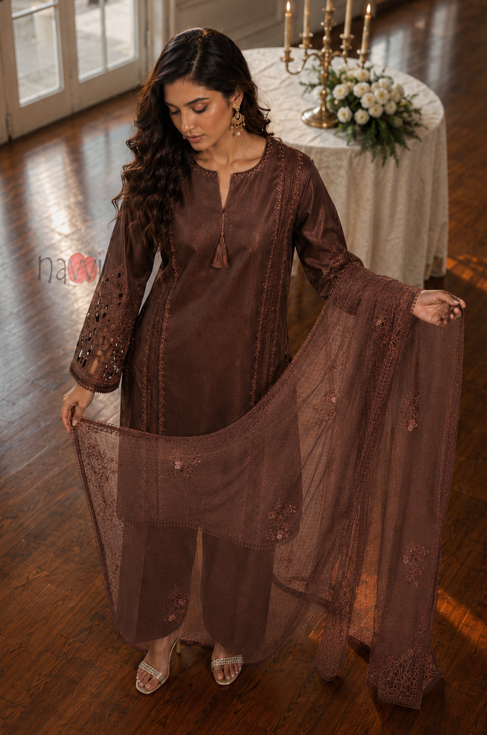 Brown Elegance Embroidered Suit Set