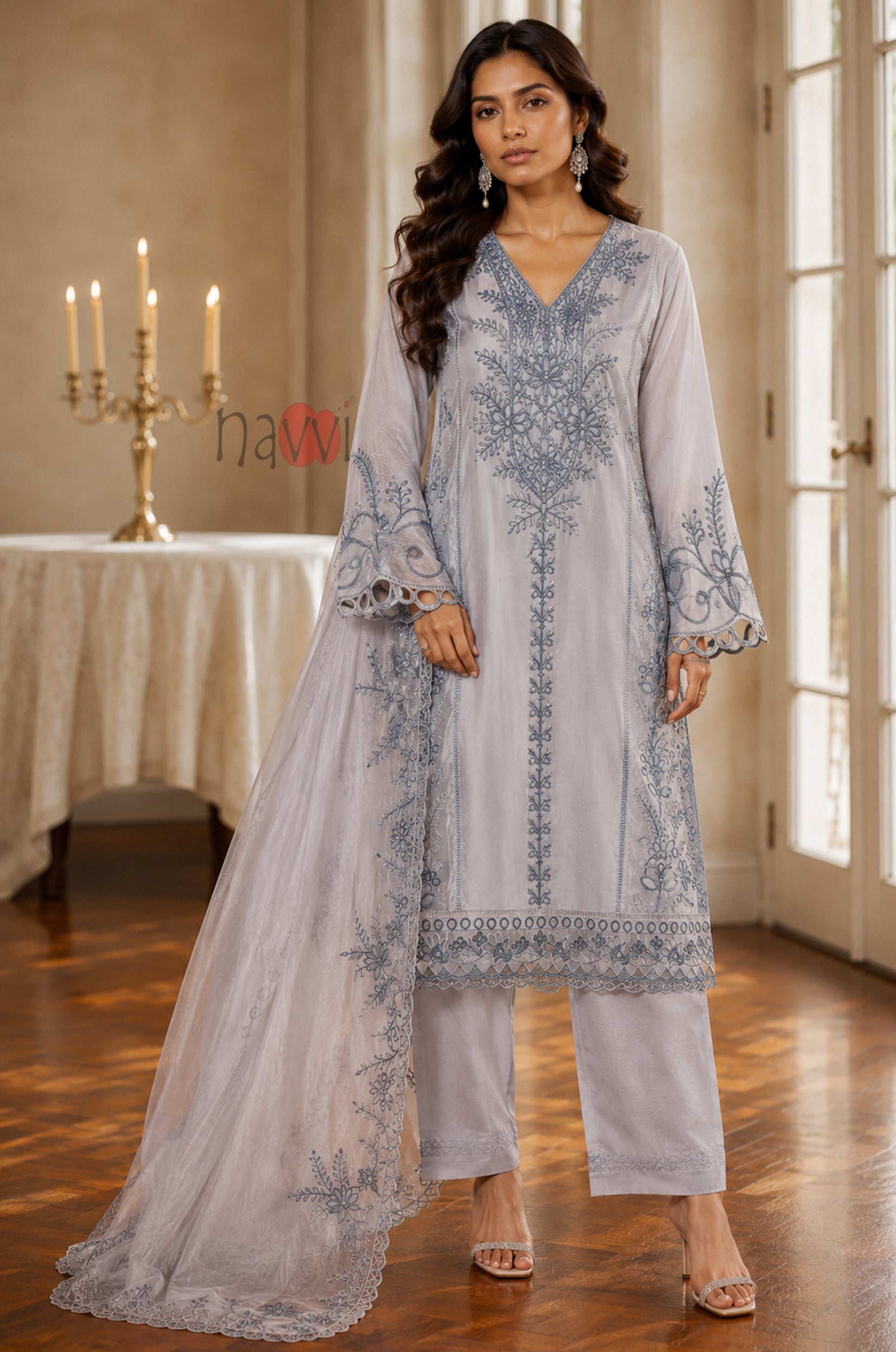 Misty Blue Elegance Embroidered Suit Set