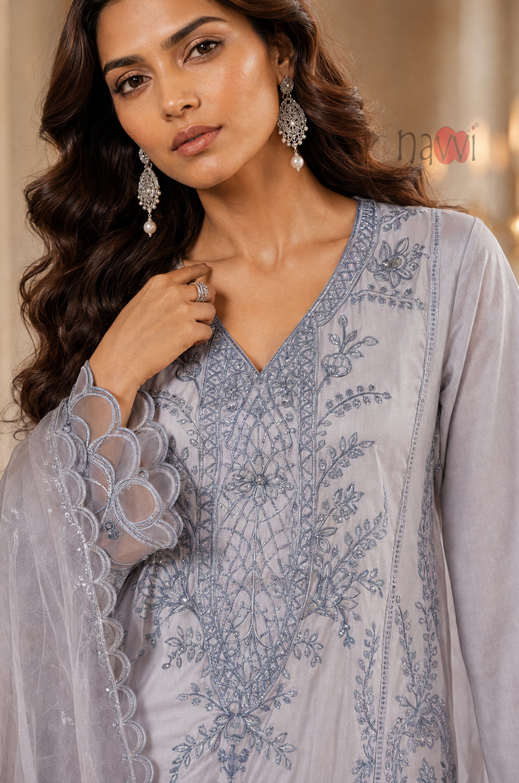 Misty Blue Elegance Embroidered Suit Set