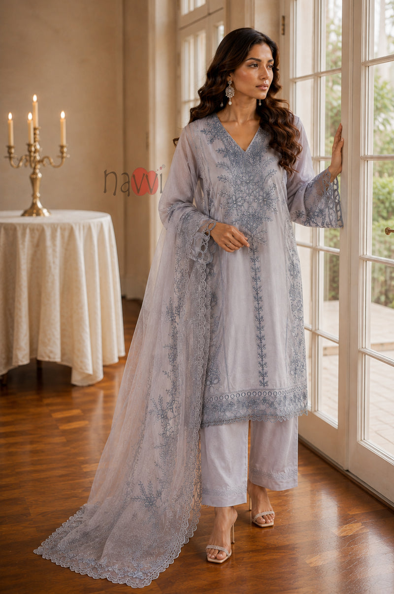 Misty Blue Elegance Embroidered Suit Set - Navvi.in