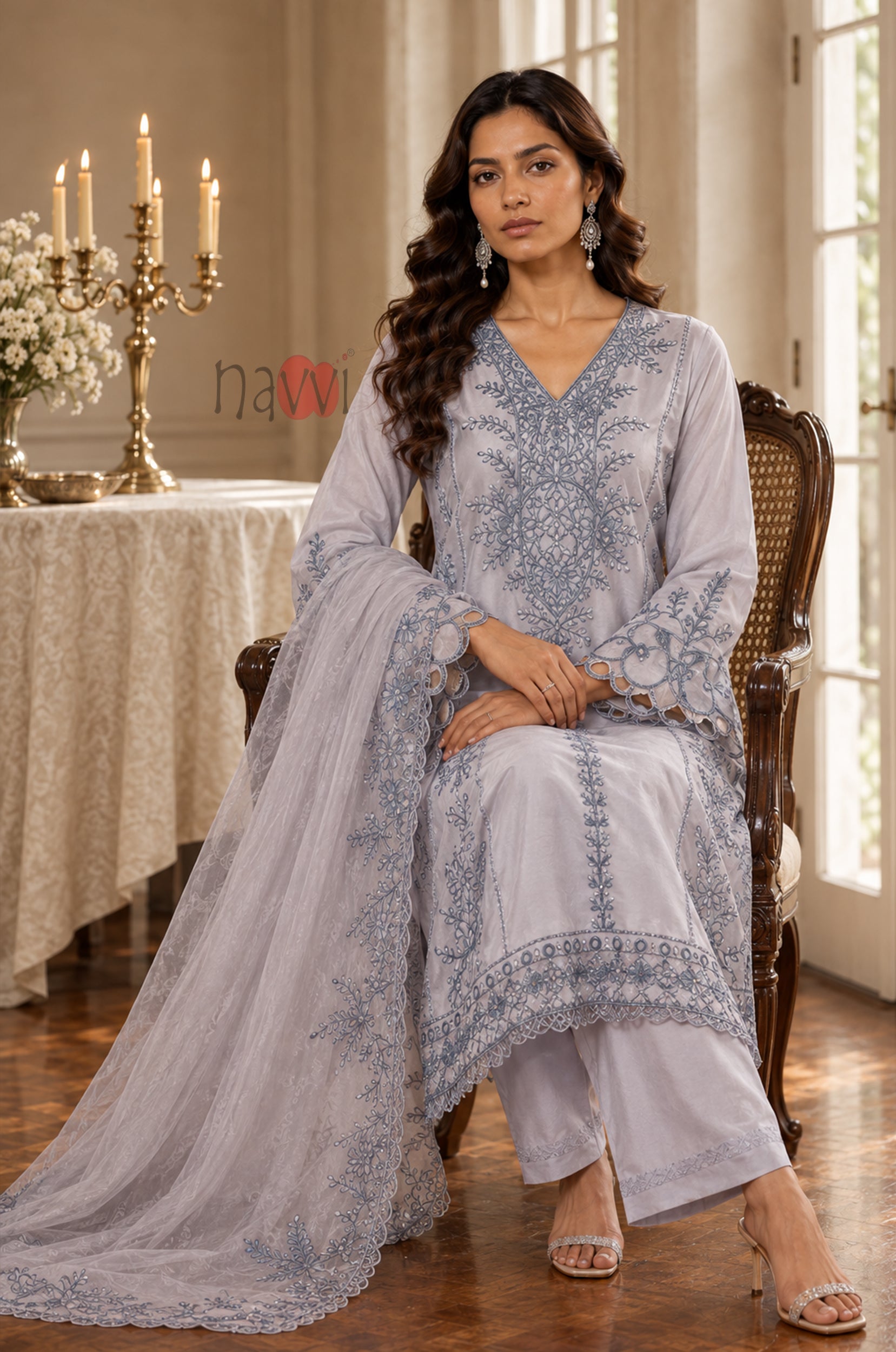Misty Blue Elegance Embroidered Suit Set