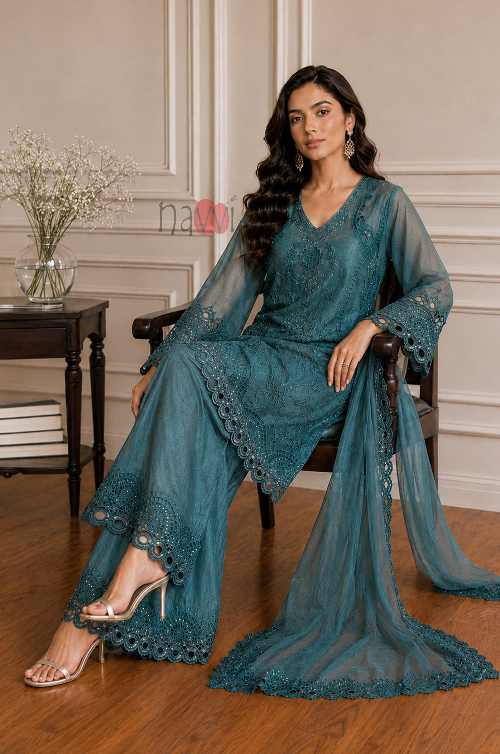 Teal Noor Embroidered Suit Set