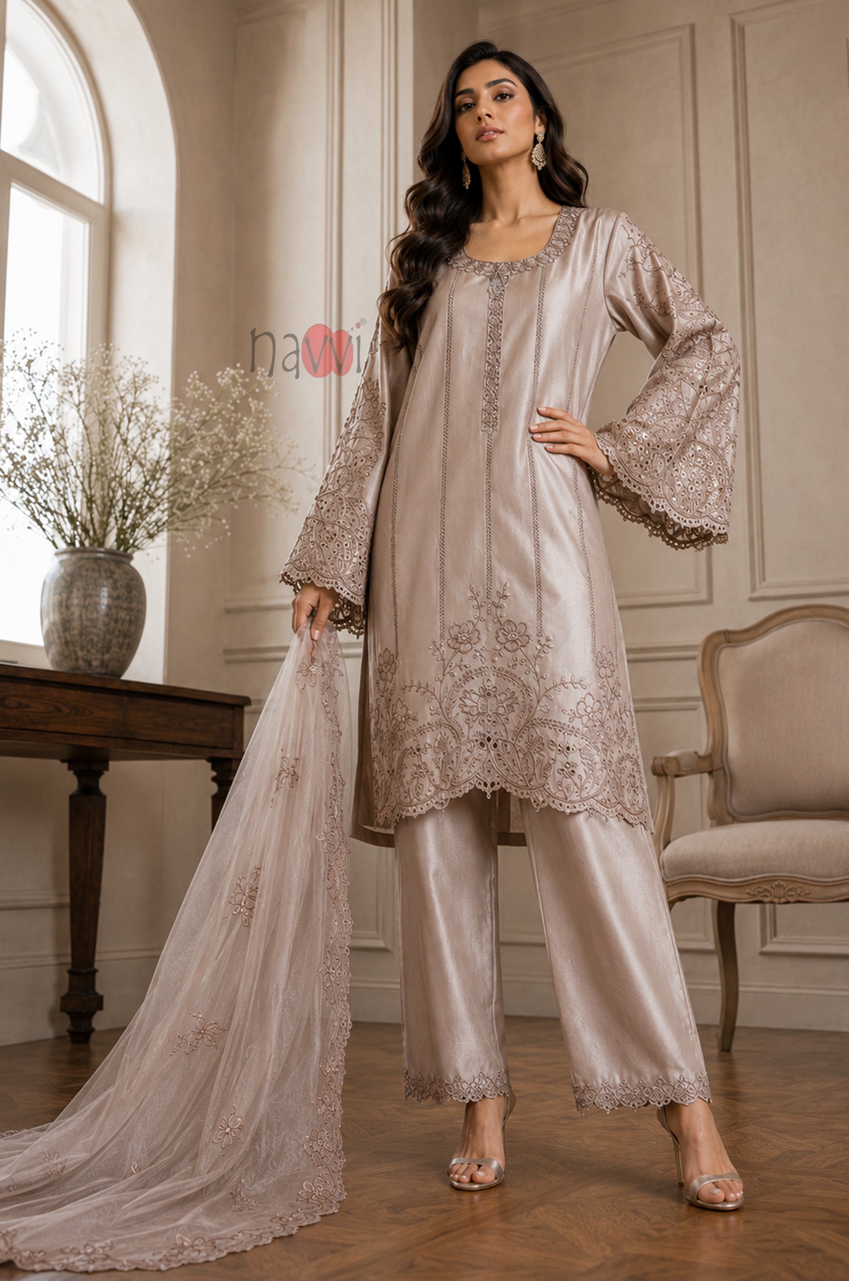 Champagne Elegance Embroidered Suit Set
