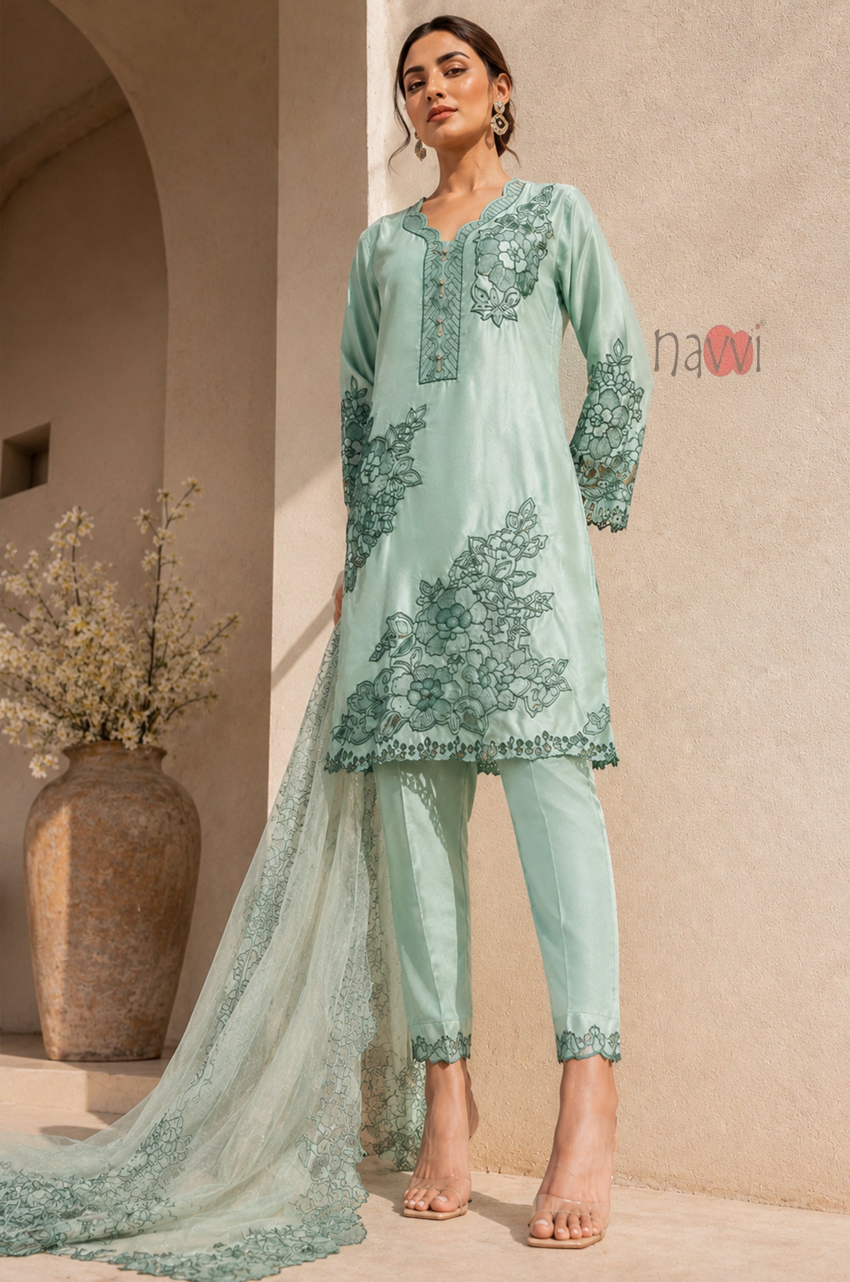 Mint Blossom Embroidered Suit Set