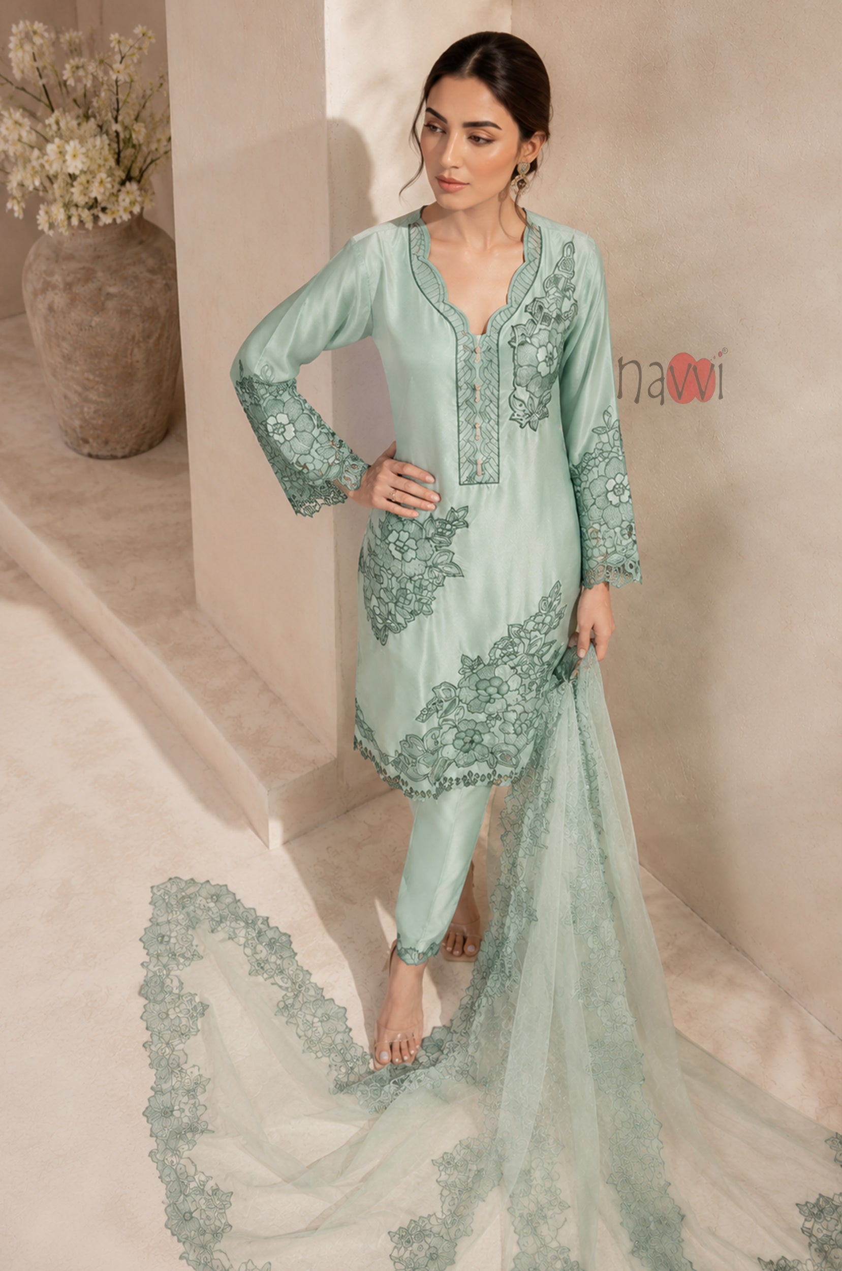 Mint Blossom Embroidered Suit Set