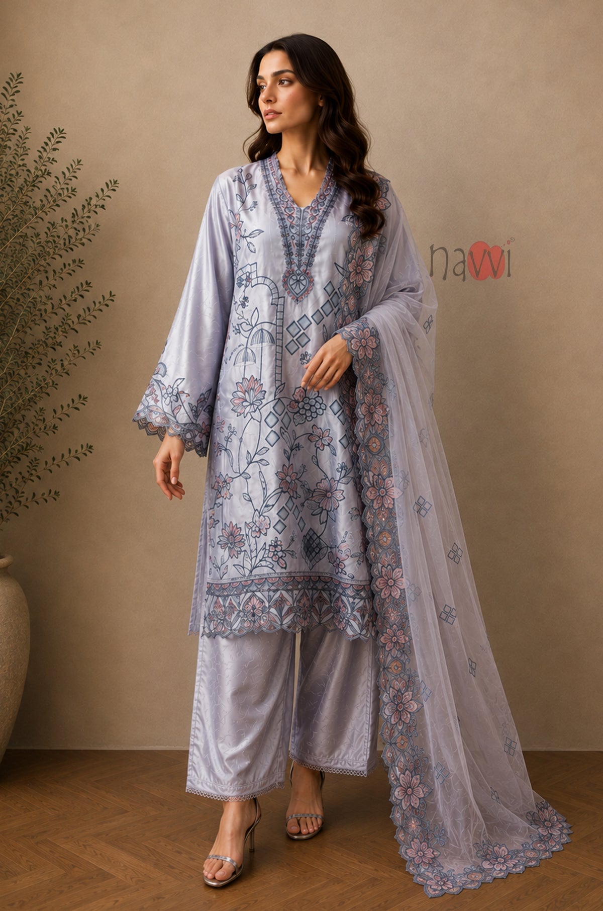 Celestial Bloom Embroidered Suit Set - Navvi.in