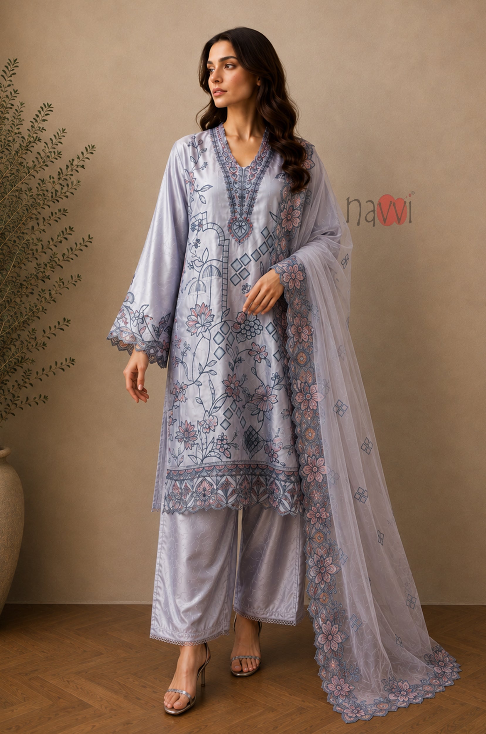 Celestial Bloom Embroidered Suit Set