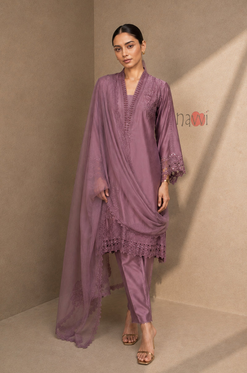 Mauve Grace Embroidered Suit Set - Navvi.in