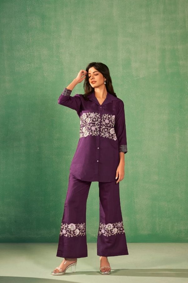 Purple Embroidery Co-Ord Set With Parallel Pants