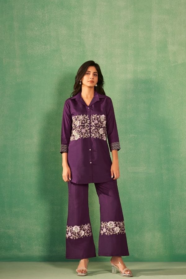 Purple Embroidery Co-Ord Set With Parallel Pants