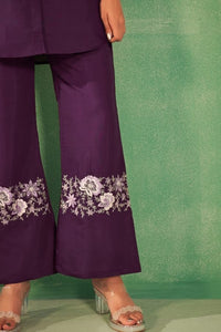 Purple Embroidery Co-Ord Set With Parallel Pants