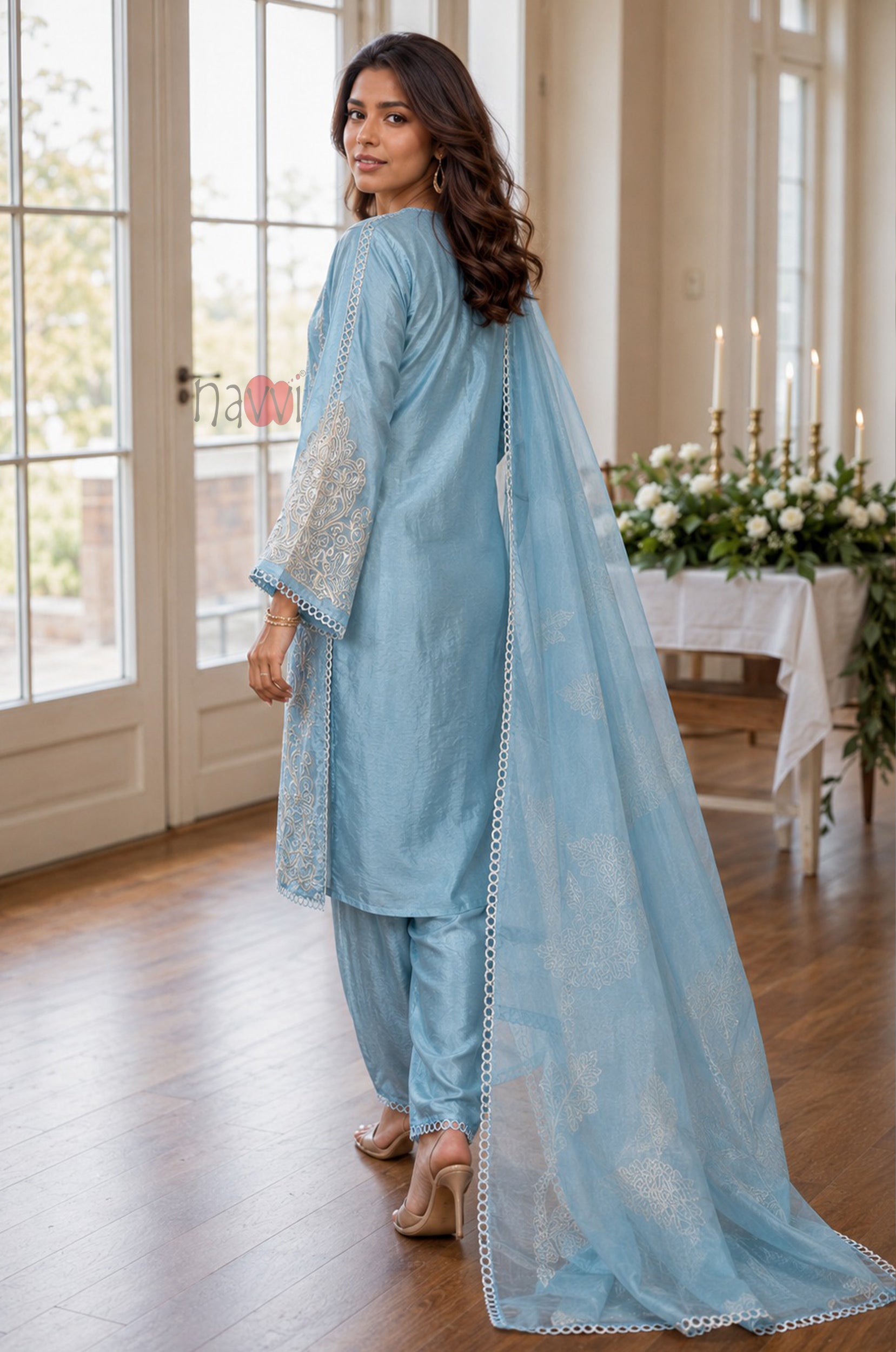 Blue Grace Embroidered Set With Dupatta