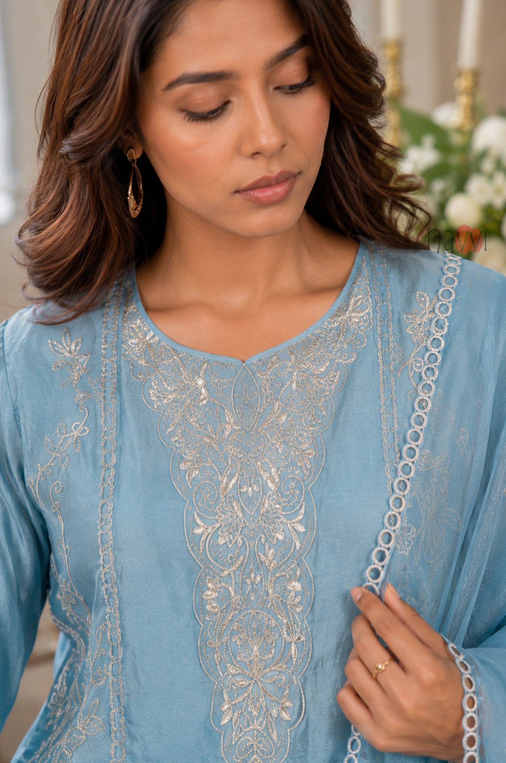 Blue Grace Embroidered Set With Dupatta