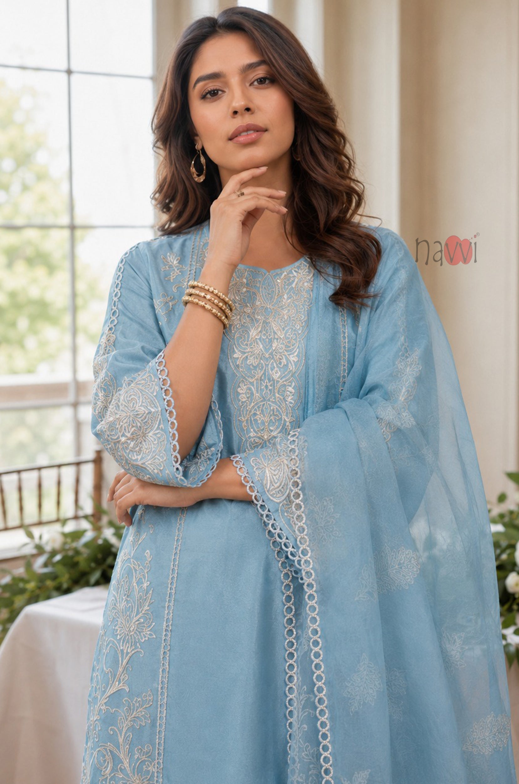 Blue Grace Embroidered Set With Dupatta
