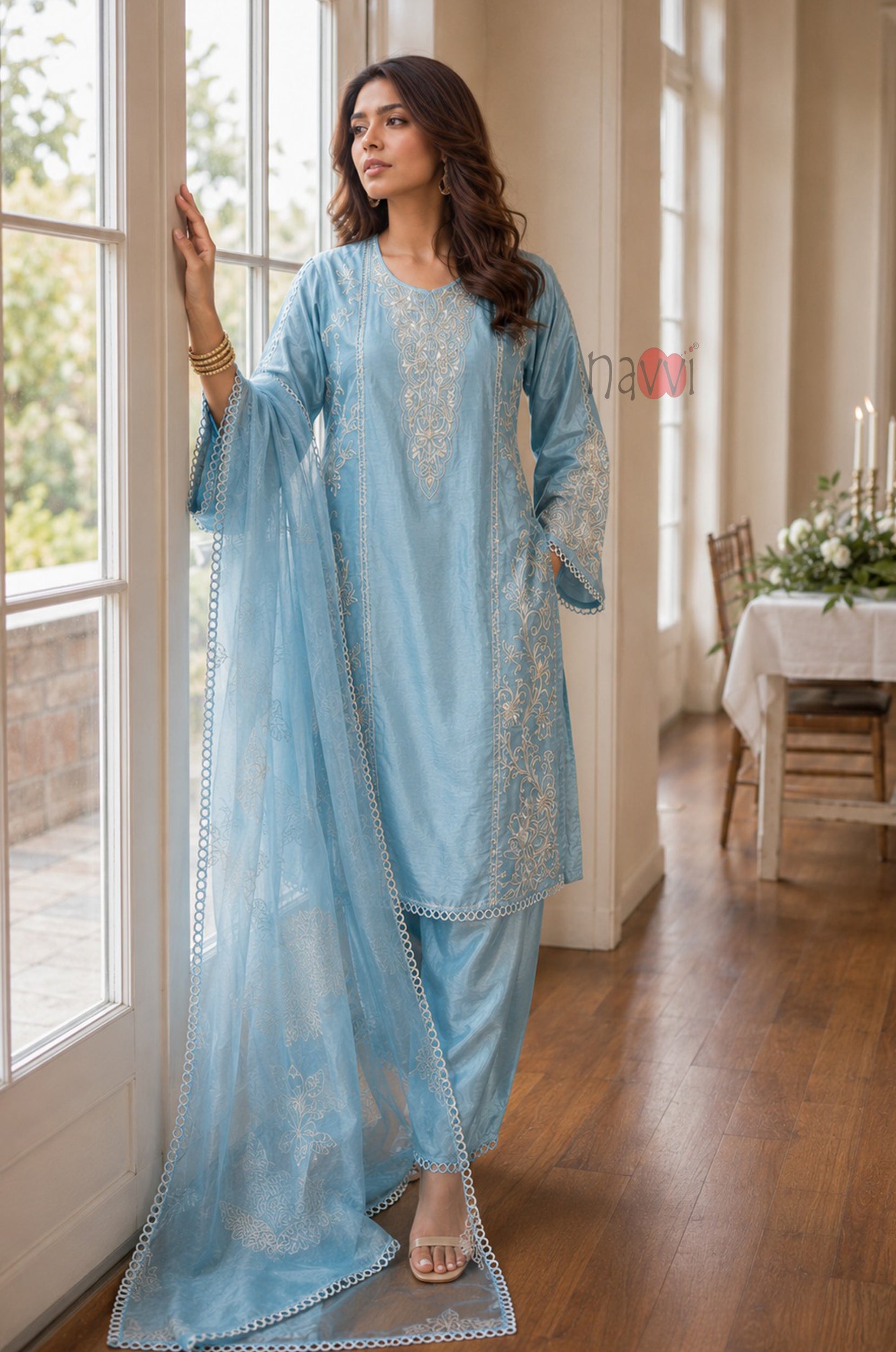 Blue Grace Embroidered Set With Dupatta