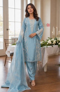 Blue Grace Embroidered Set With Dupatta