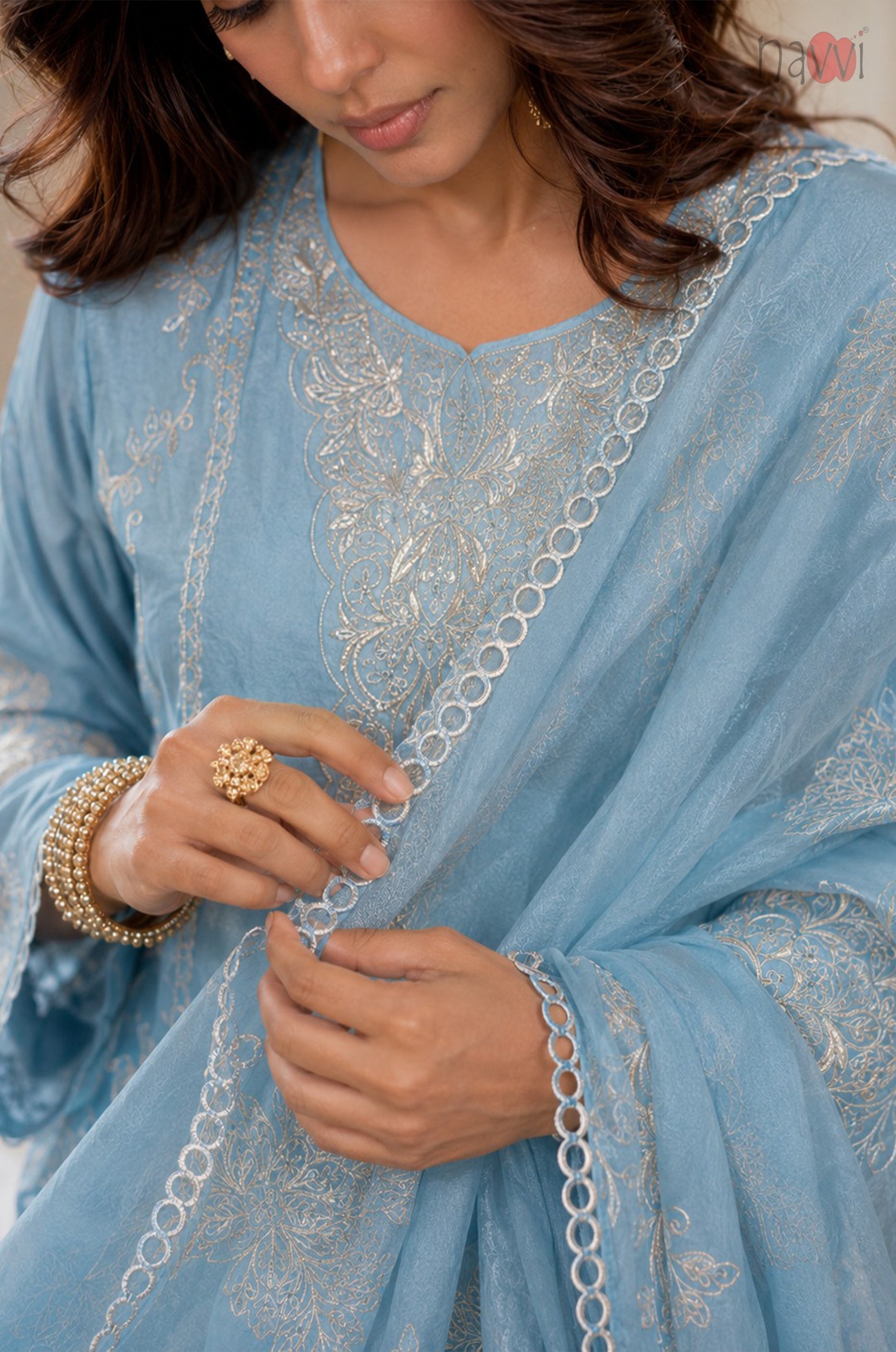 Blue Grace Embroidered Set With Dupatta
