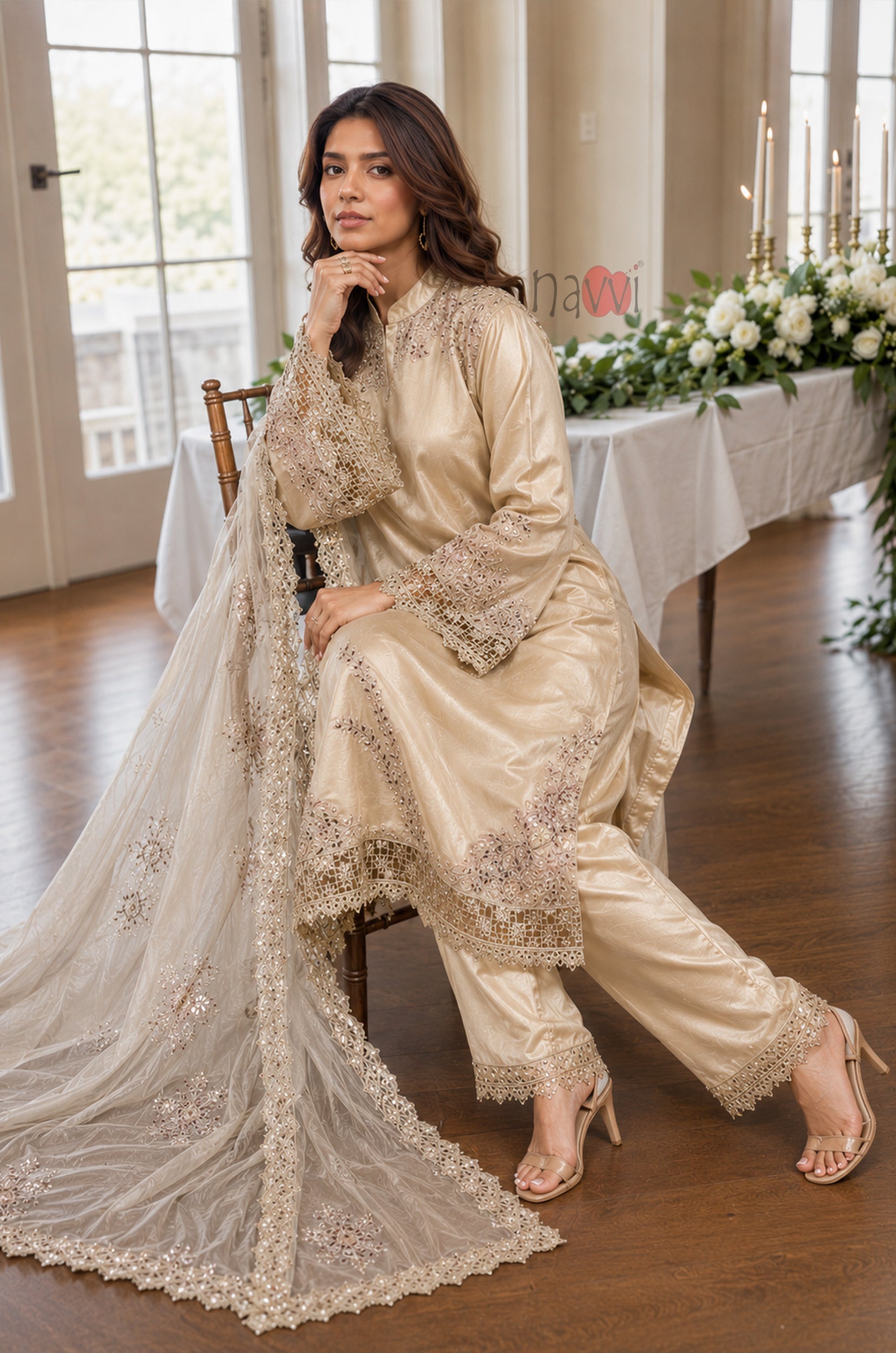 Champagne Embroidered Set With Dupatta