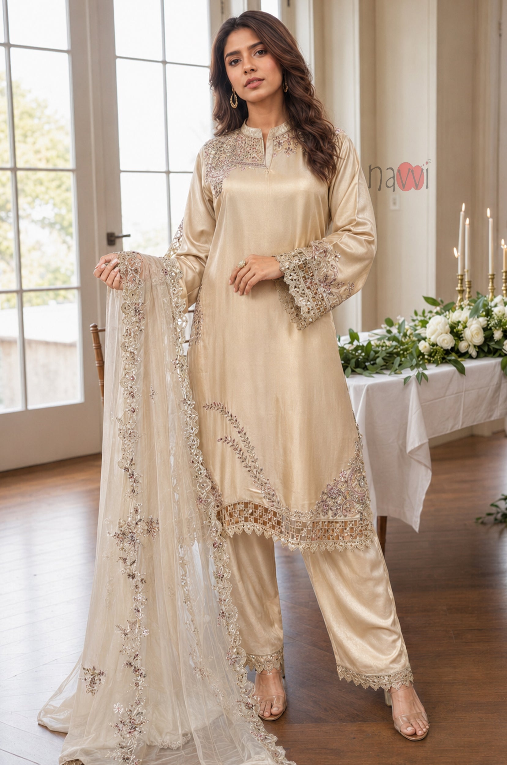 Champagne Embroidered Set With Dupatta