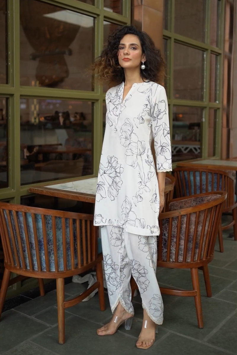 White Kurta With Dhoti Style Pants