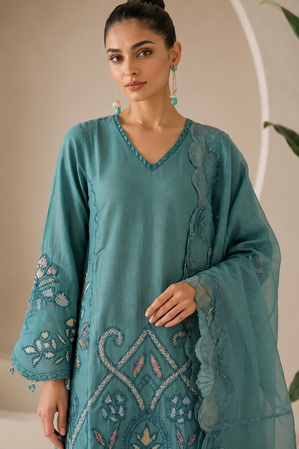 Teal Blue Embroidered Cutwork Suit Set with Dupatta