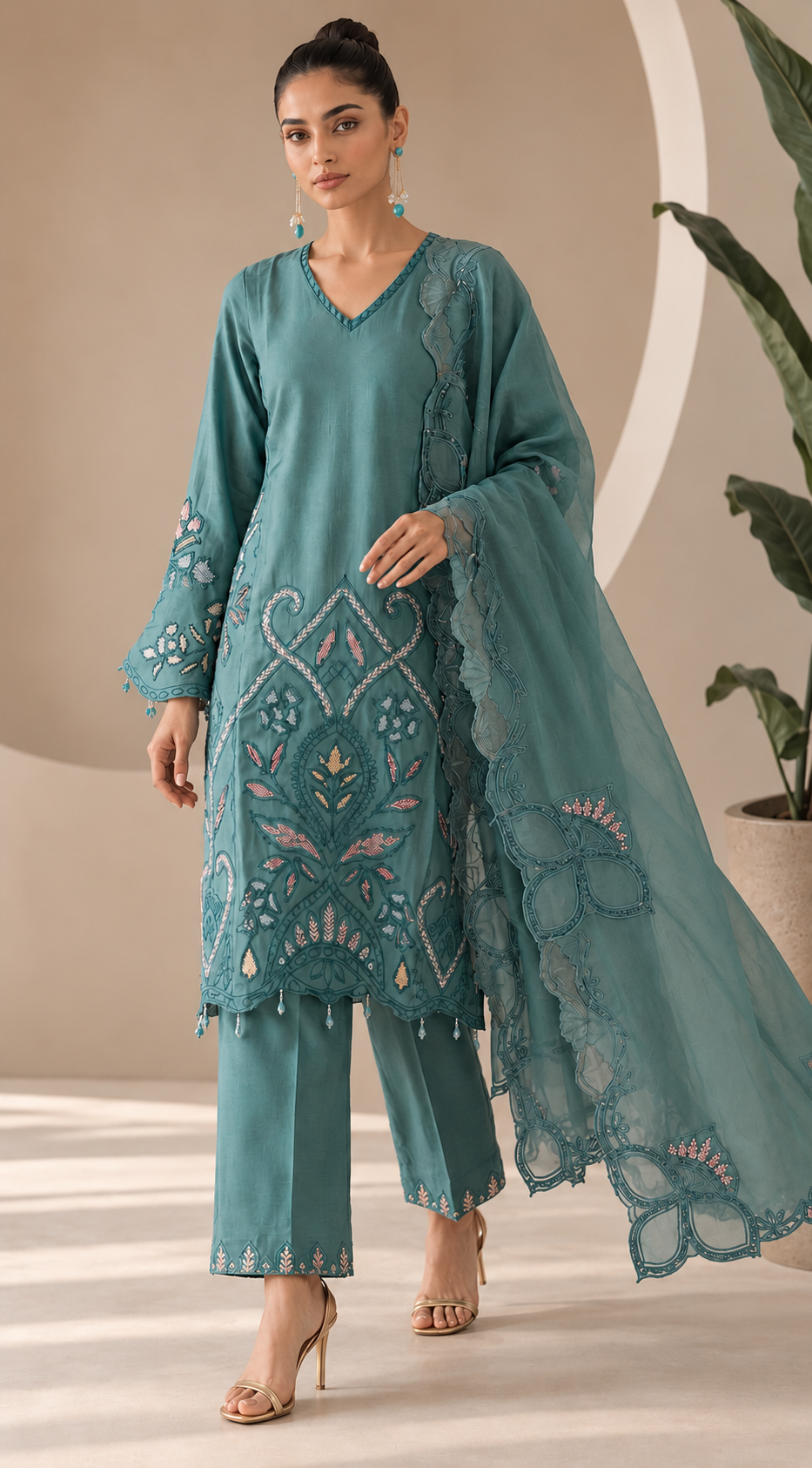 Teal Blue Embroidered Cutwork Suit Set with Dupatta