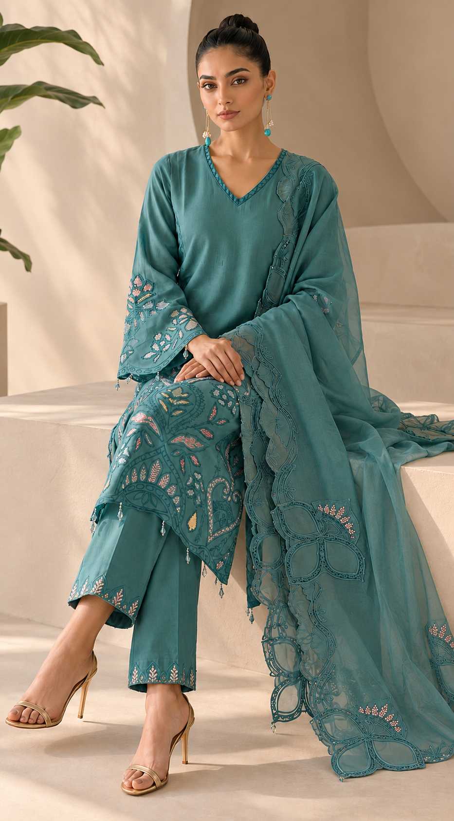 Teal Blue Embroidered Cutwork Suit Set with Dupatta