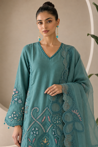 Teal Blue Embroidered Cutwork Suit Set with Dupatta