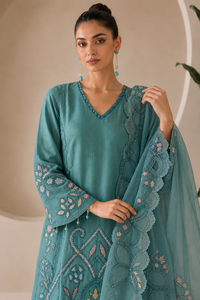 Teal Blue Embroidered Cutwork Suit Set with Dupatta