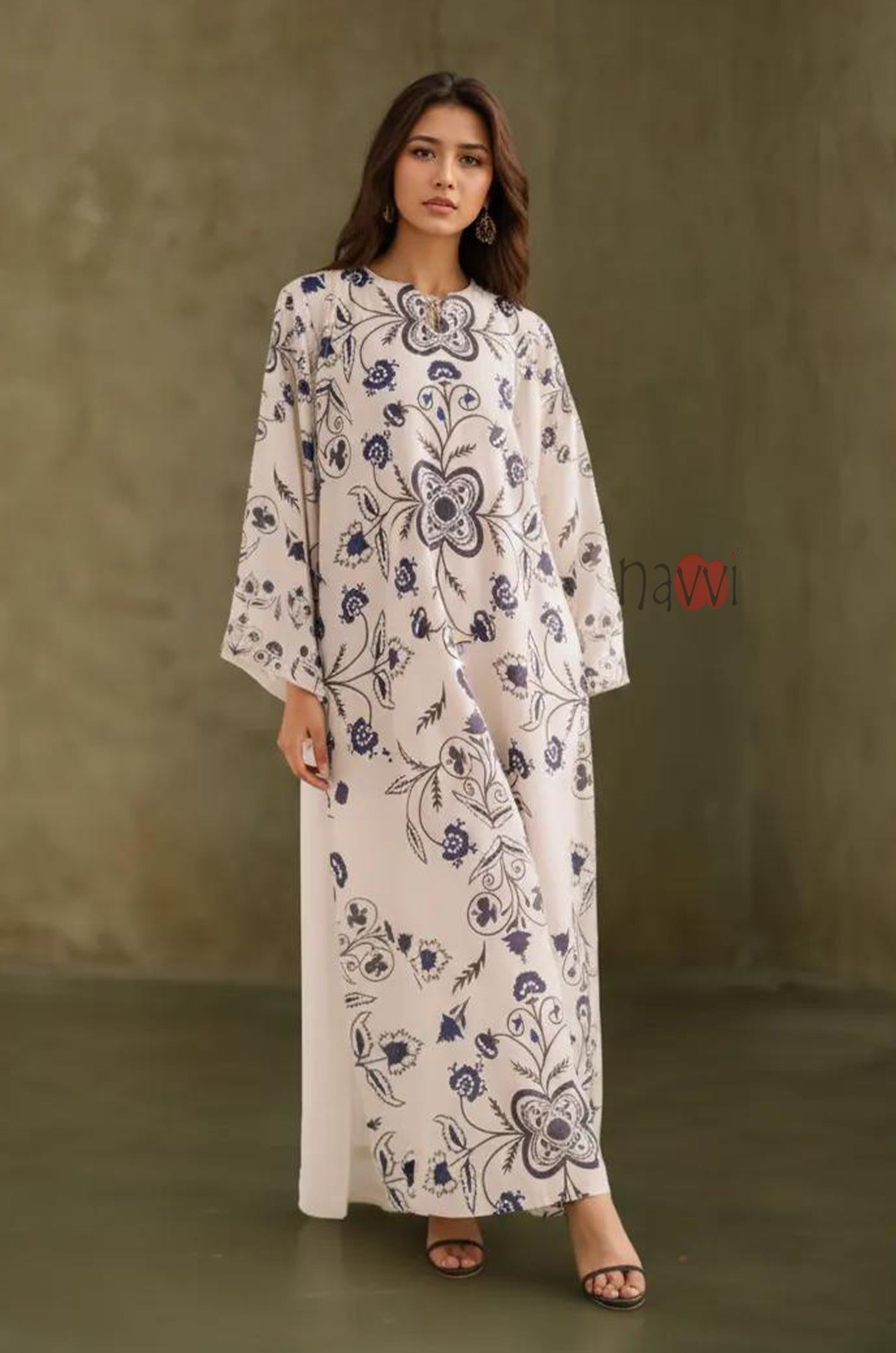 Ivory Indigo Floral Printed A-Line Kurta - Navvi.in