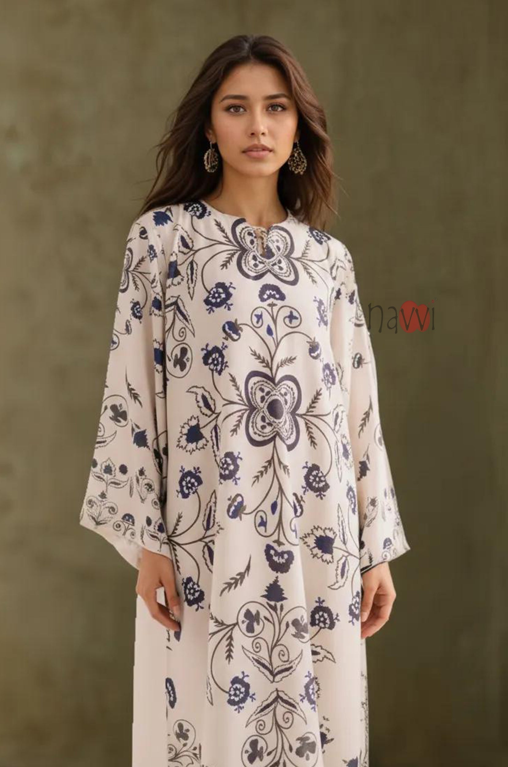 Ivory Indigo Floral Printed A-Line Kurta - Navvi.in