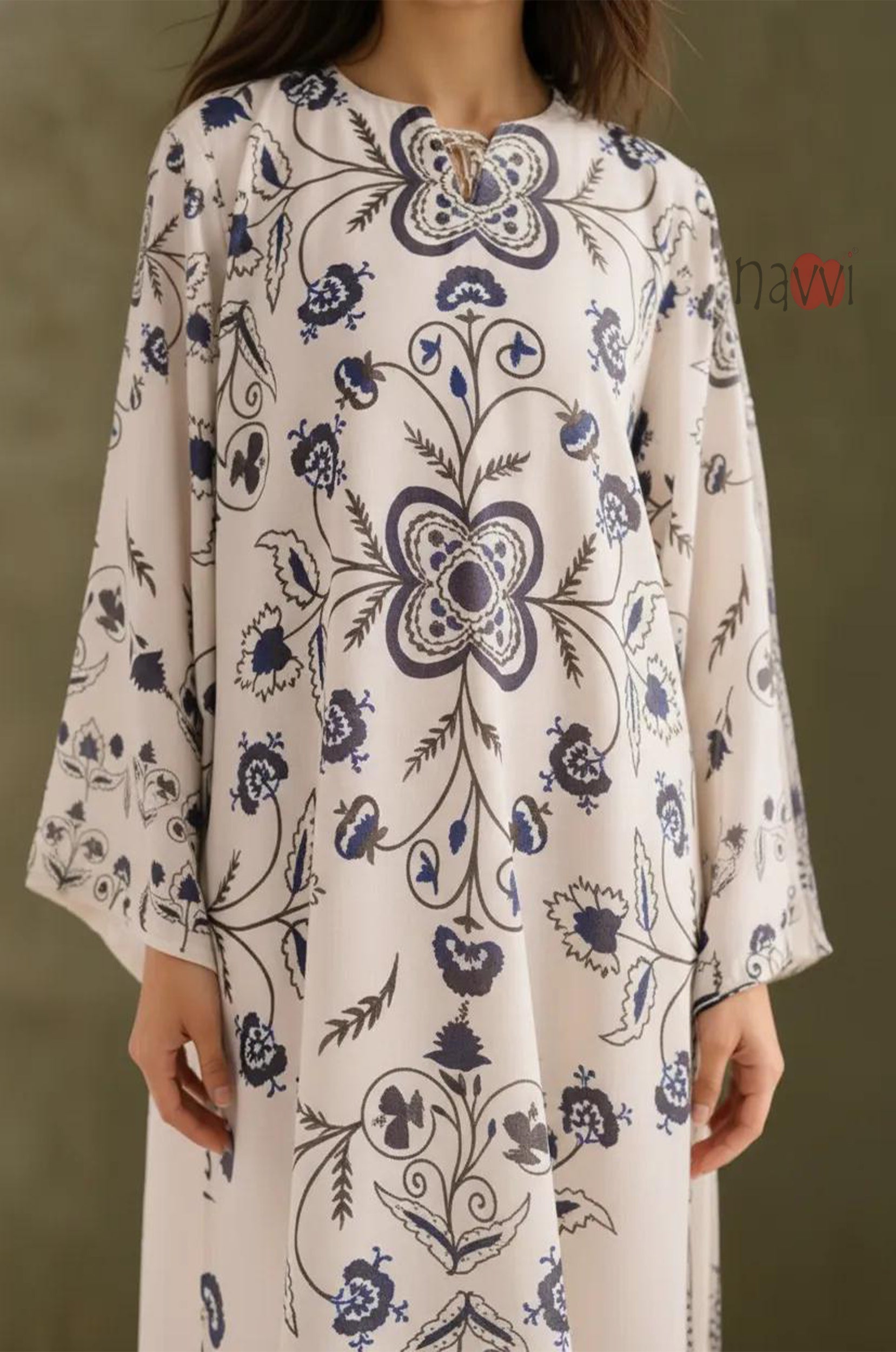 Ivory Indigo Floral Printed A-Line Kurta - Navvi.in