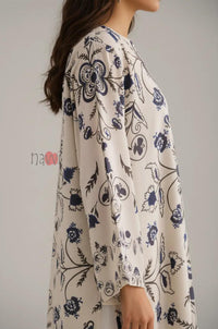 Ivory Indigo Floral Printed A-Line Kurta - Navvi.in