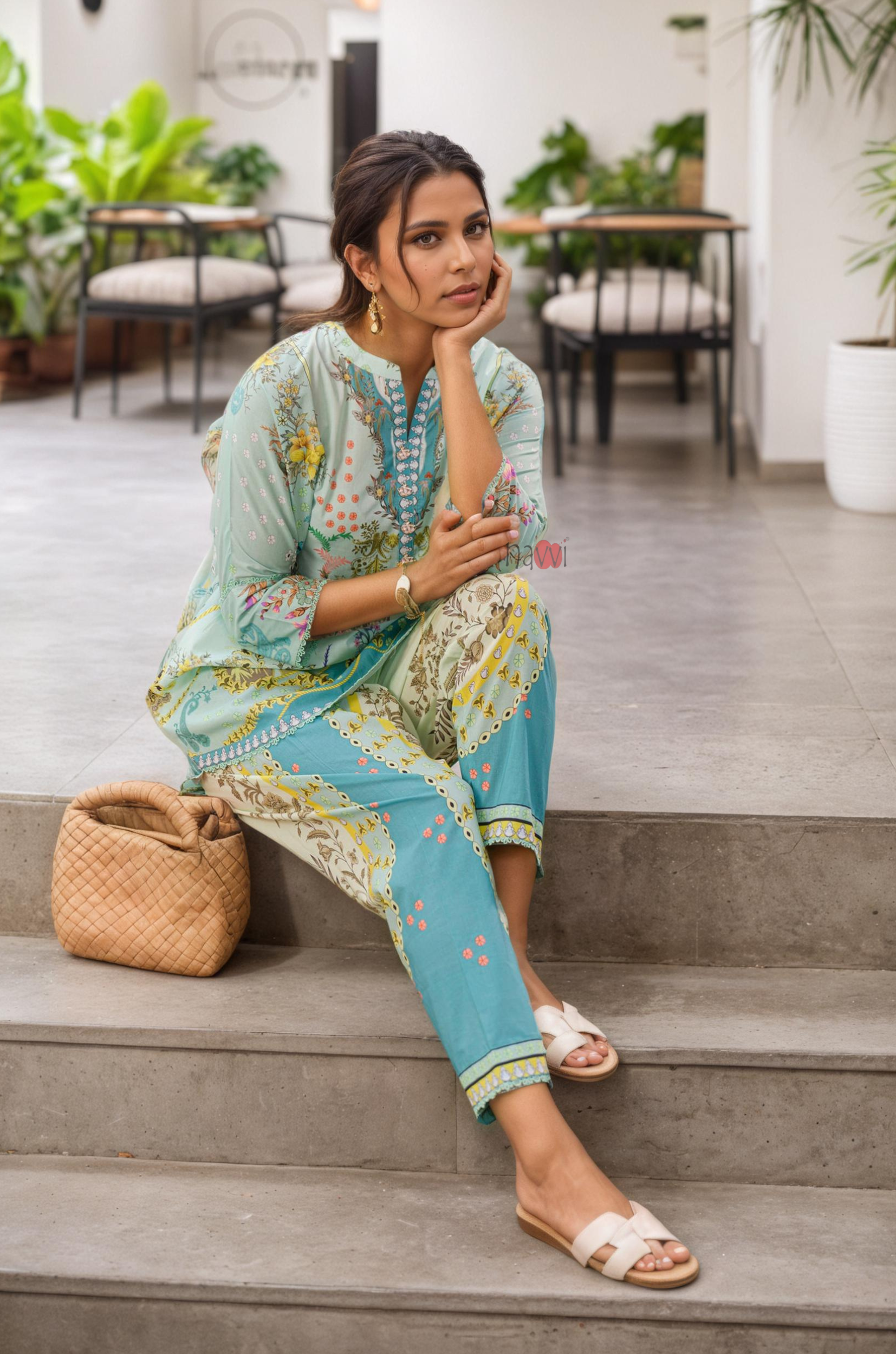Aqua Bloom Printed Kurta Pant Set