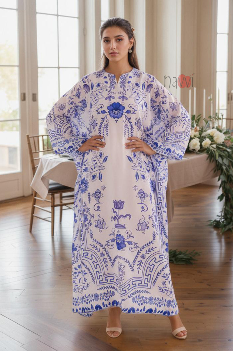 Blue Porcelain Floral Kaftan - Navvi.in