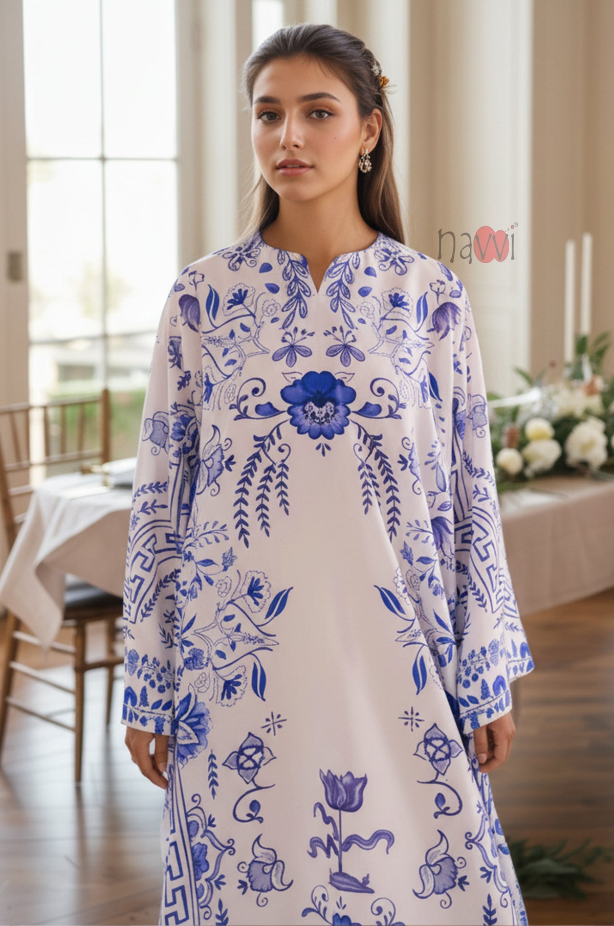 Blue Porcelain Floral Kaftan - Navvi.in