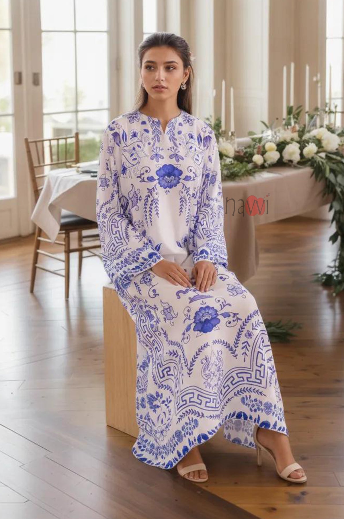 Blue Porcelain Floral Kaftan - Navvi.in