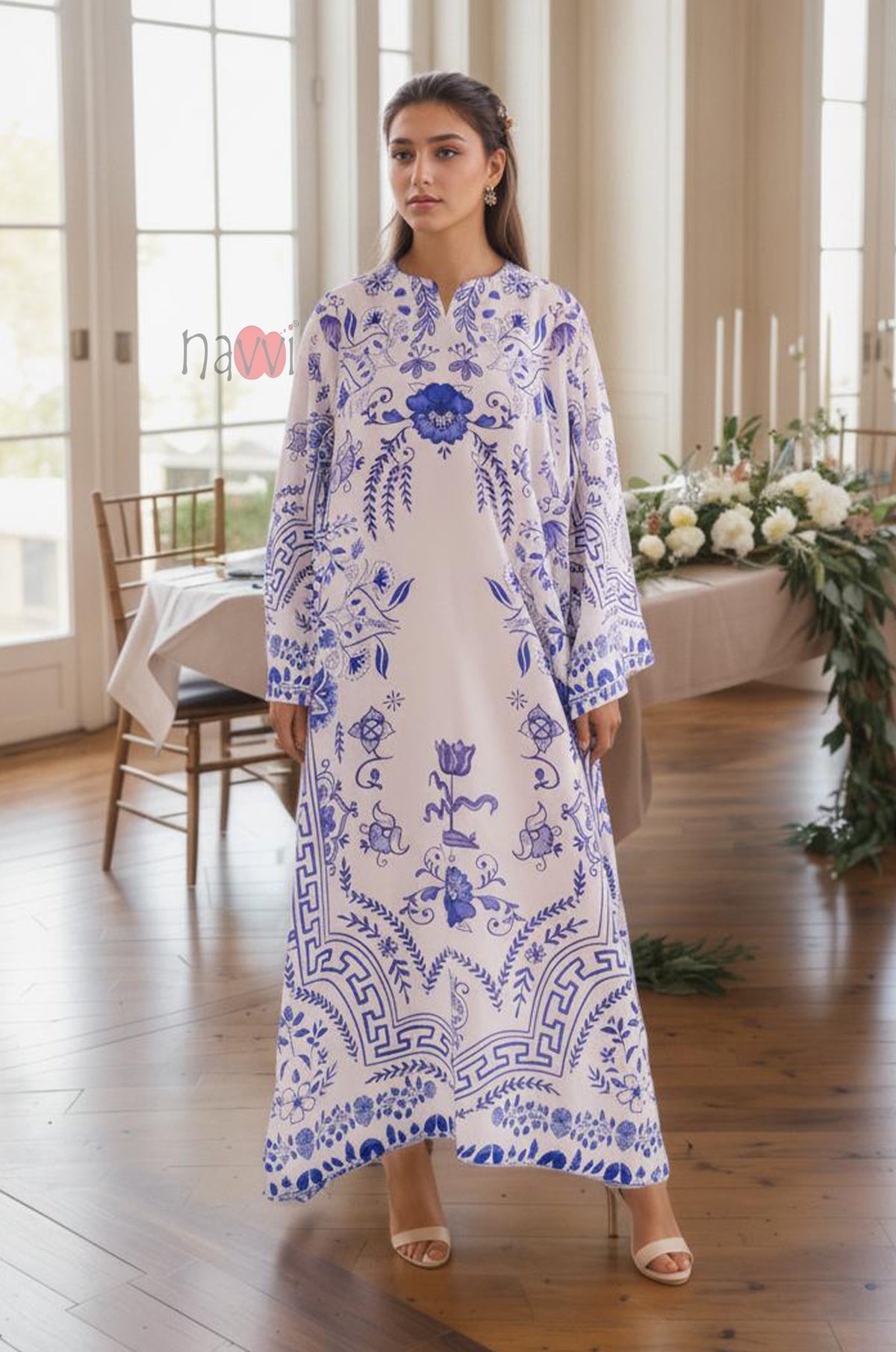 Blue Porcelain Floral Kaftan - Navvi.in