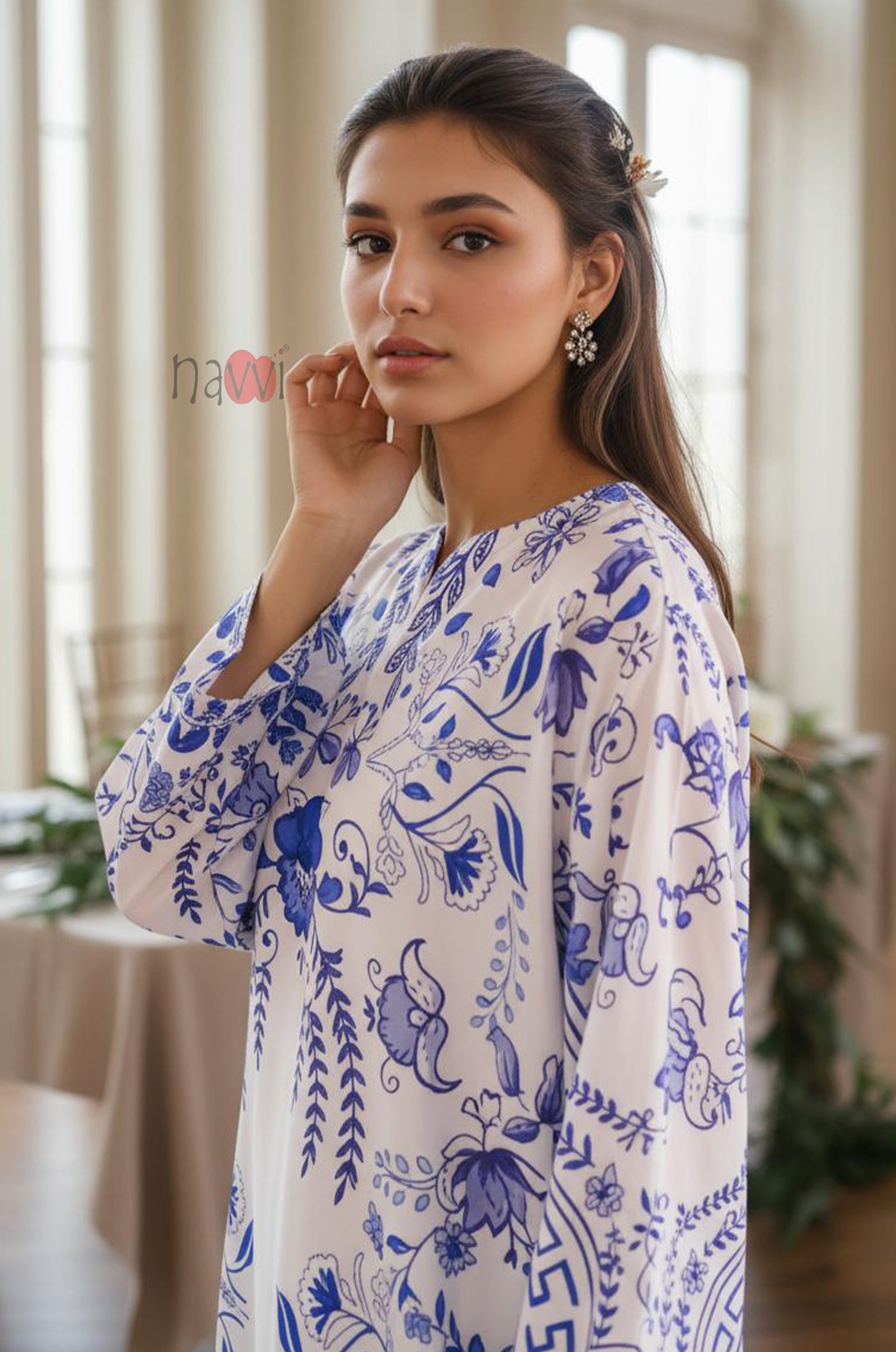 Blue Porcelain Floral Kaftan - Navvi.in