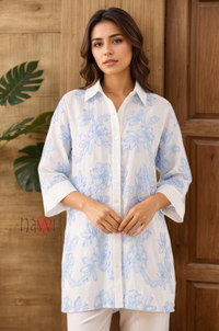 Floral Printed Button-Down Tunic Linen Shirt