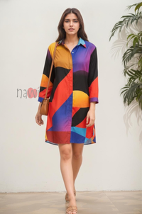 Multicolor Geometric Print Shirt Dress