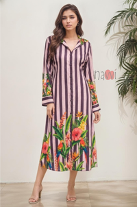 Striped Floral Print Button-Down Dress