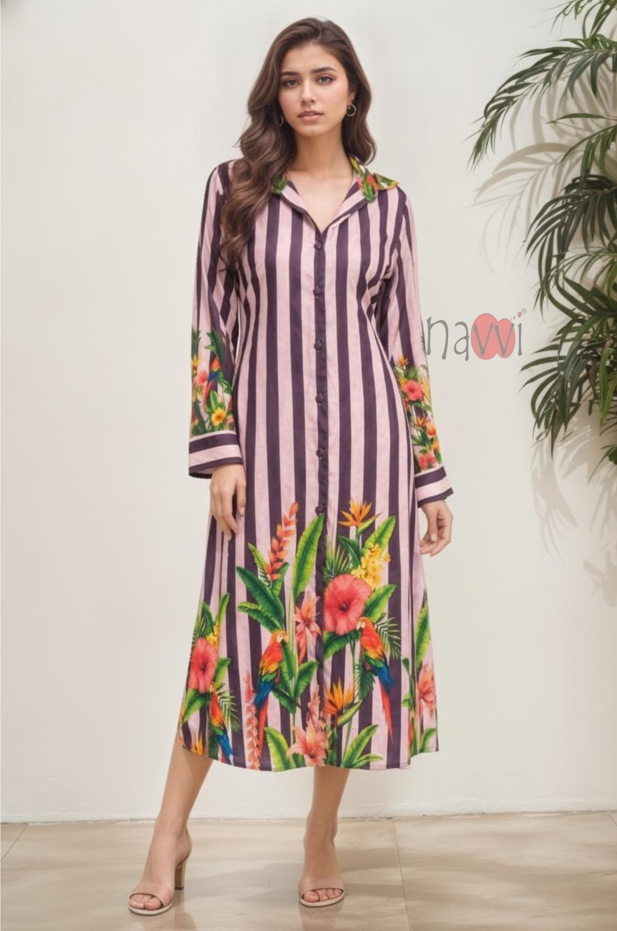 Striped Floral Print Button-Down Dress