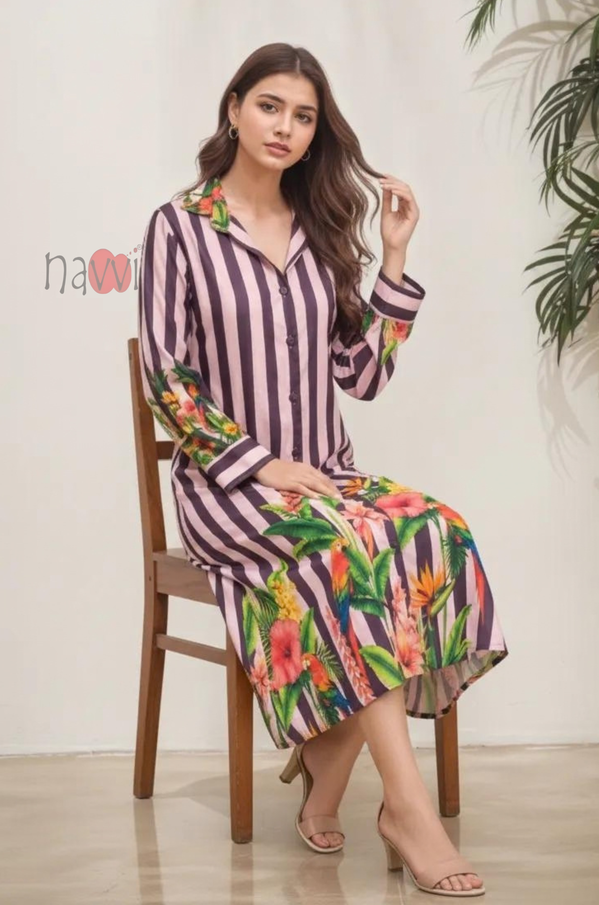 Striped Floral Print Button-Down Dress
