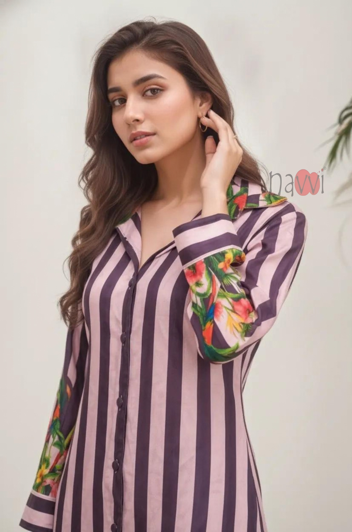 Striped Floral Print Button-Down Dress